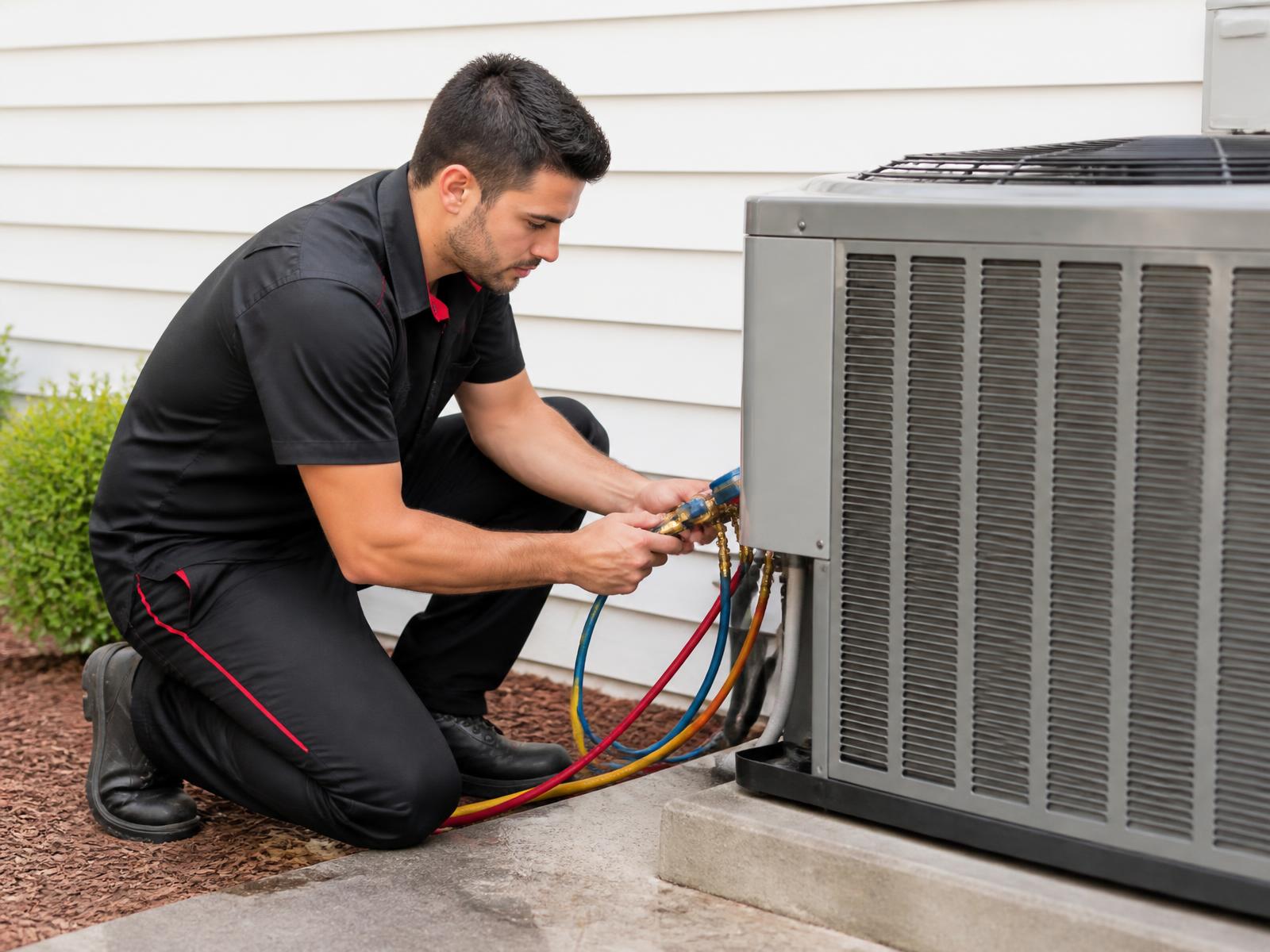 Pro-Grade HVAC technician servicing an outdoor air conditioning condenser at a home